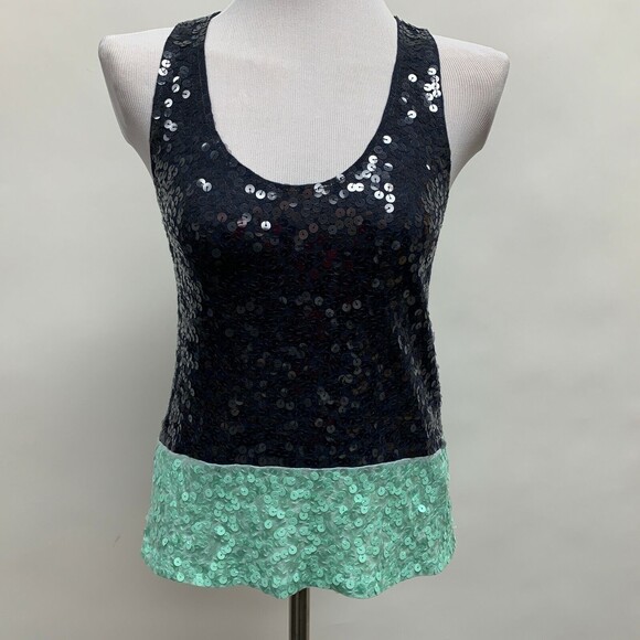 J. Crew Women's Tank Top X-Small Navy Blue Mint Green Sequins Sleeveless - Picture 1 of 9